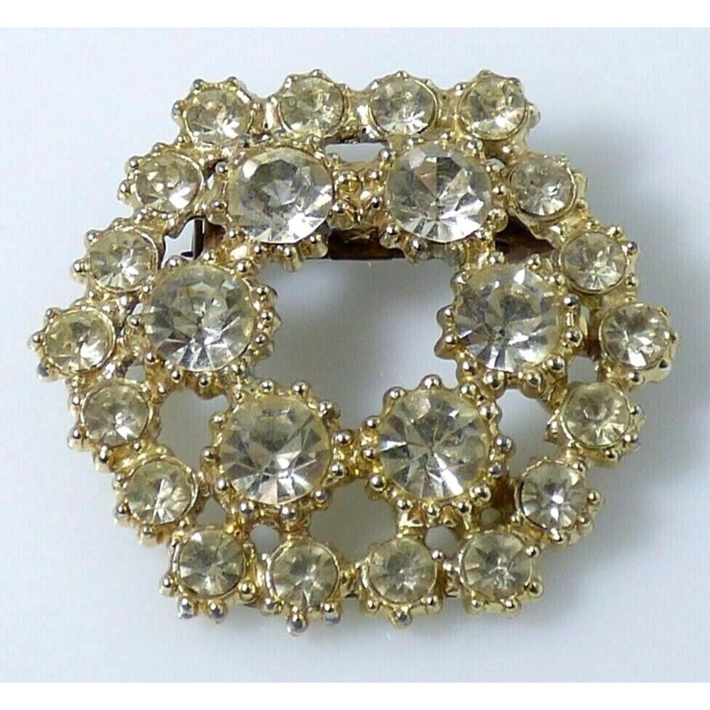 Clear Crystal Rhinestone Brooch Pin Gold Tone Hexagon Circle Two Rows Vintage